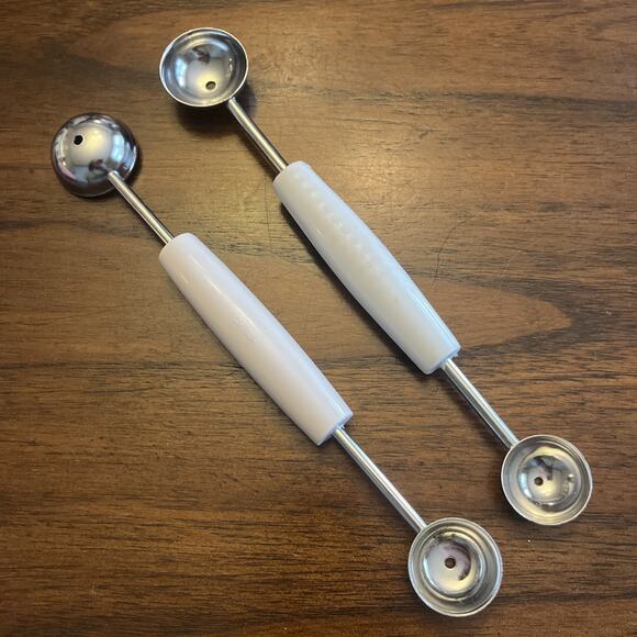 Set Of 2 Melon Ball Double End Metal Scoops White Plastic Handle Kitchen Utensil - Picture 1 of 5